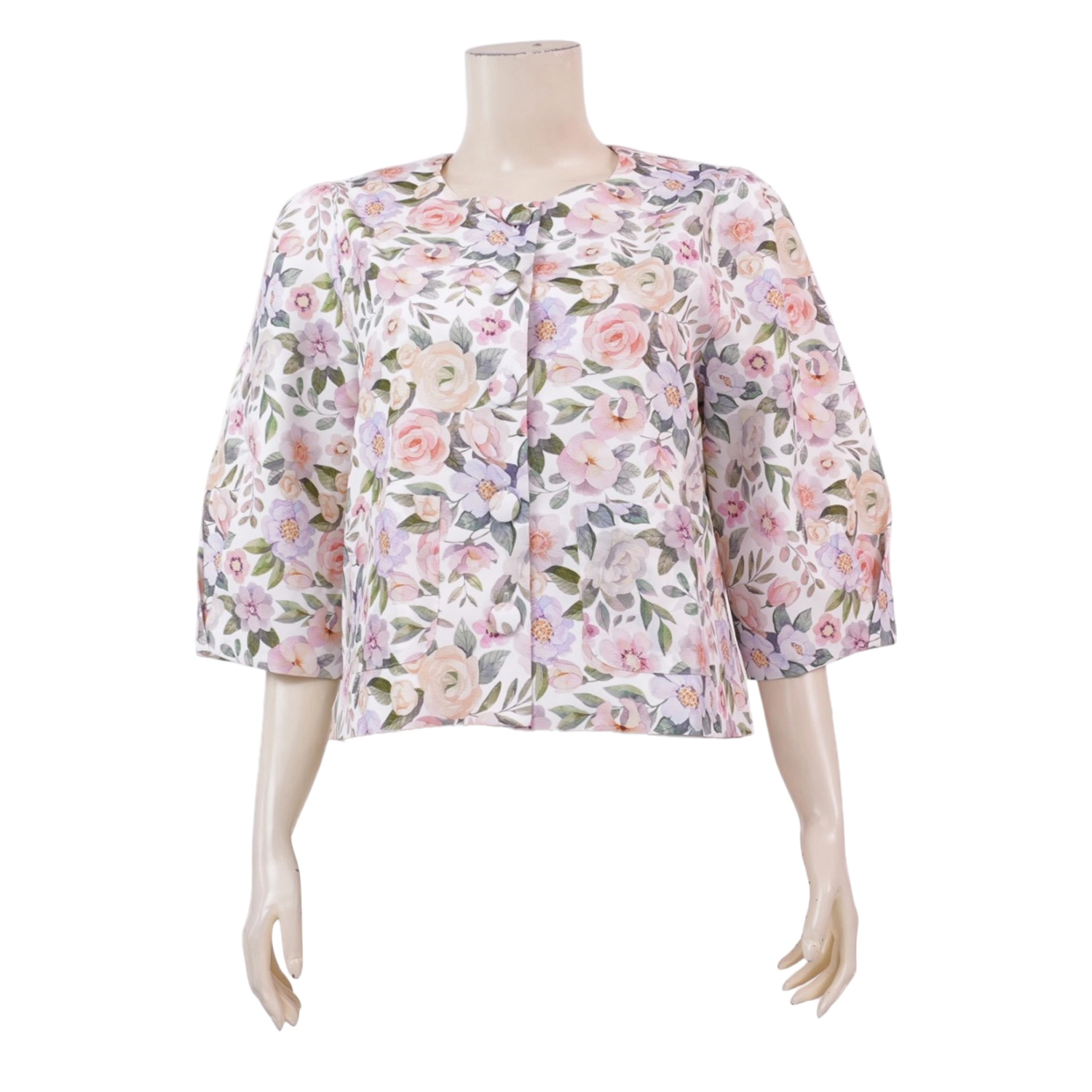 มินนะ เสื้อคอกลม แขนพองยาว 4 ส่วน ผ้าแมตต์ซาติน พิมพ์ลายดอกไม้
