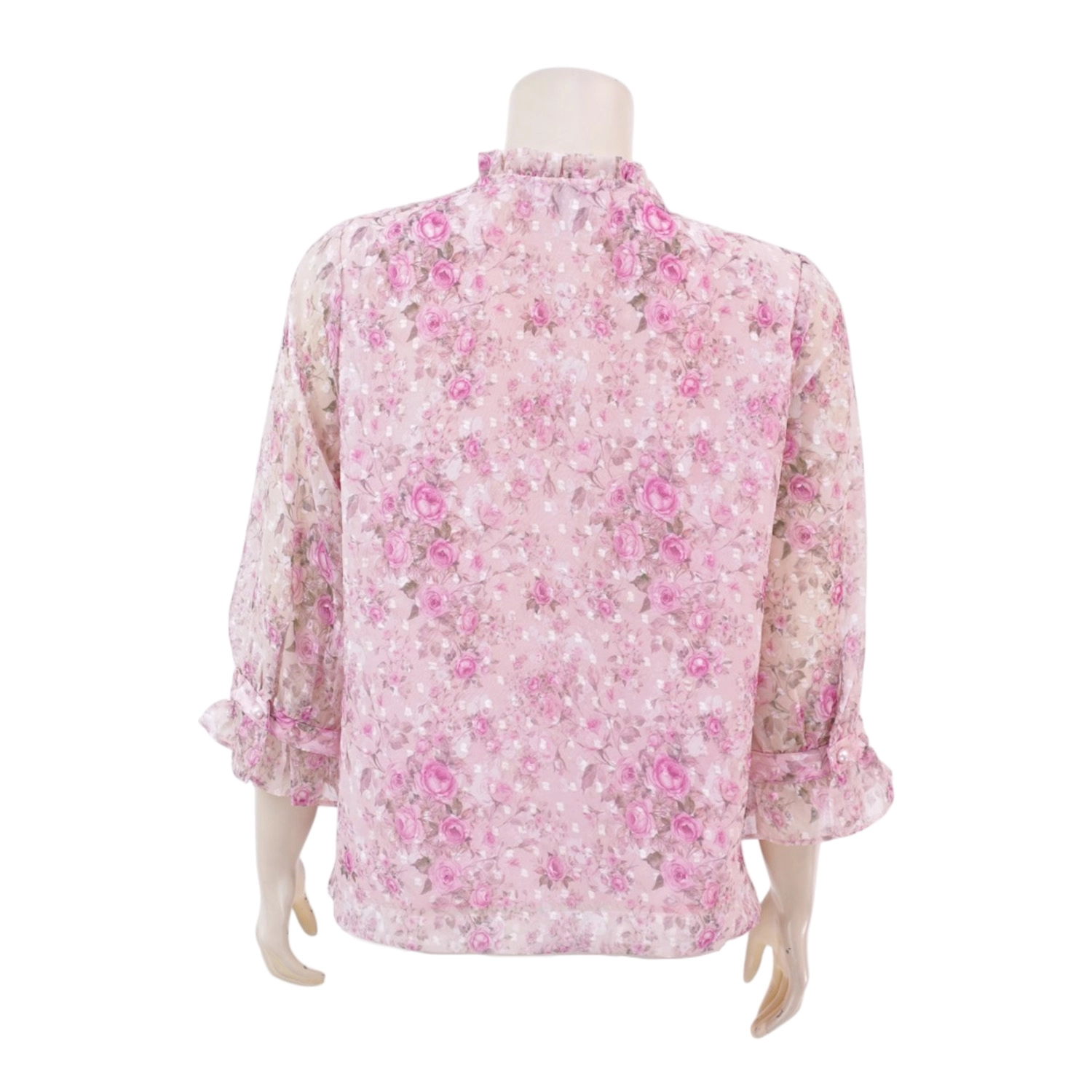 มินนะ เสื้อเบลาส์คอตั้ง แต่งระบาย แขนพองยาว 5 ส่วน ผ้าชีฟองอุรากิริ พิมพ์ลายดอกไม้ - Image 3