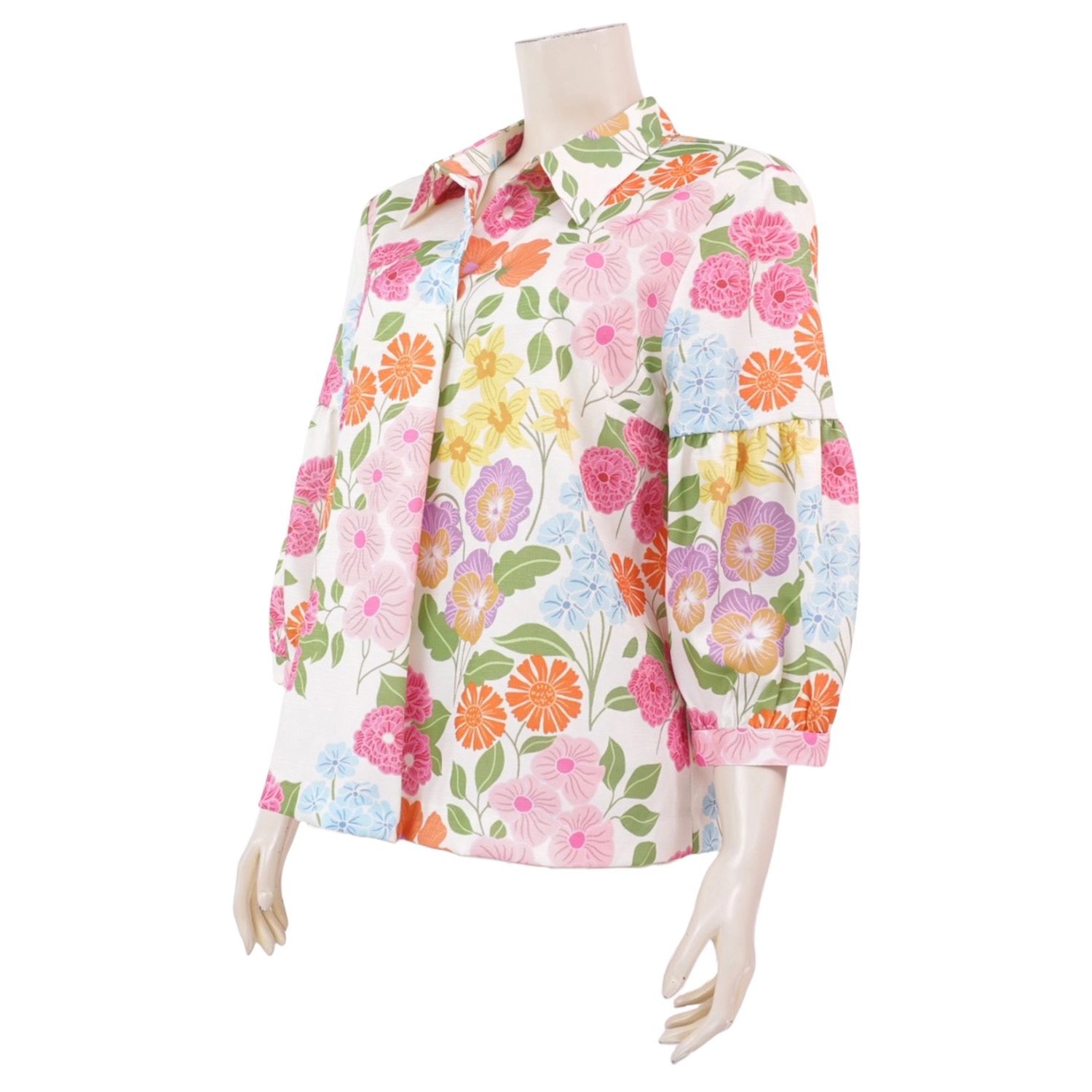มินนะ เสื้อคอปก แขนพองยาว 4 ส่วน ผ้าคอตตอนแฟนซี พิมพ์ลายดอกไม้ - Image 2