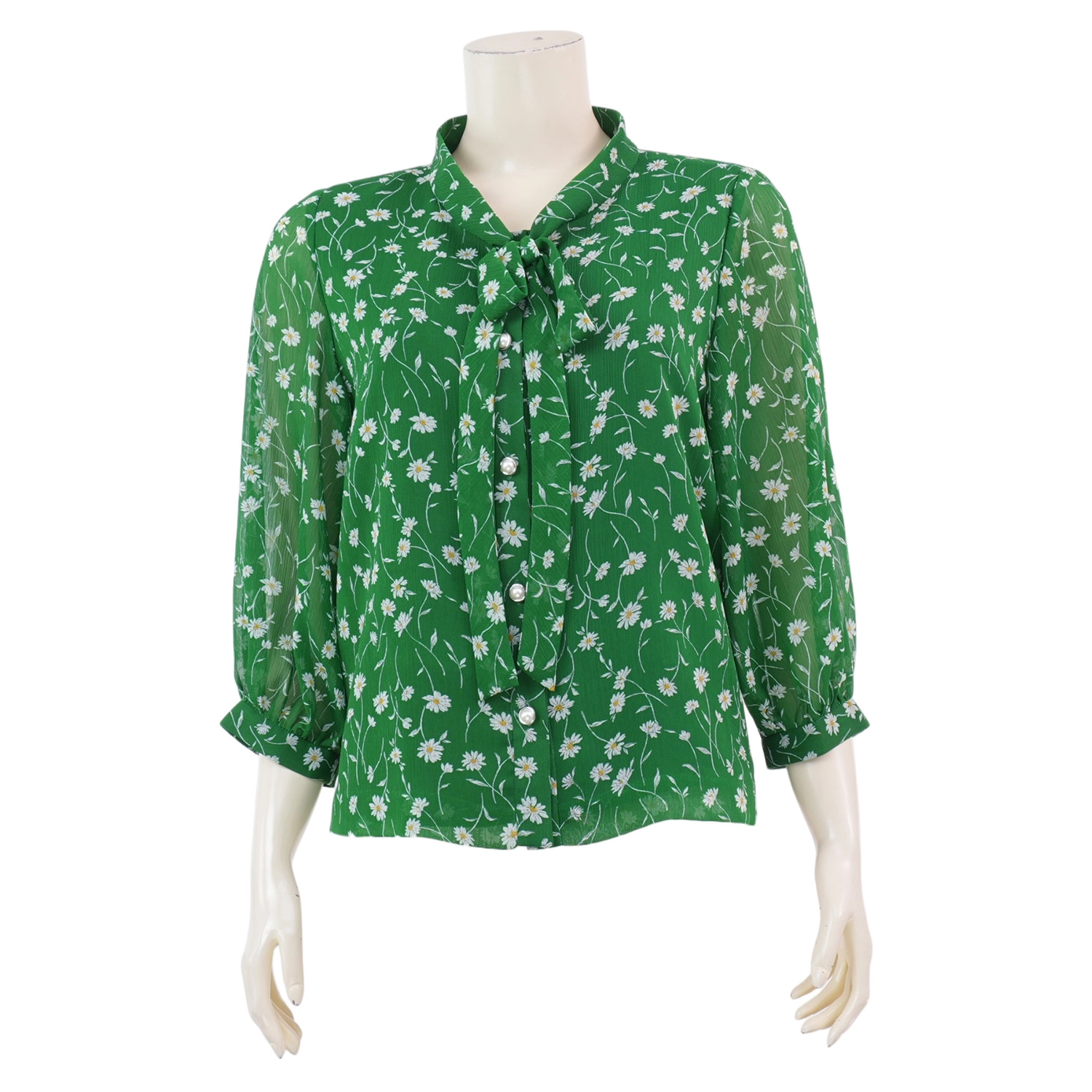 เรอ๊อง เสื้อเบลาส์คอวี แต่งสายผูกโบ แขนยาว 4 ส่วน ผ้าชีฟองอังโกร่า