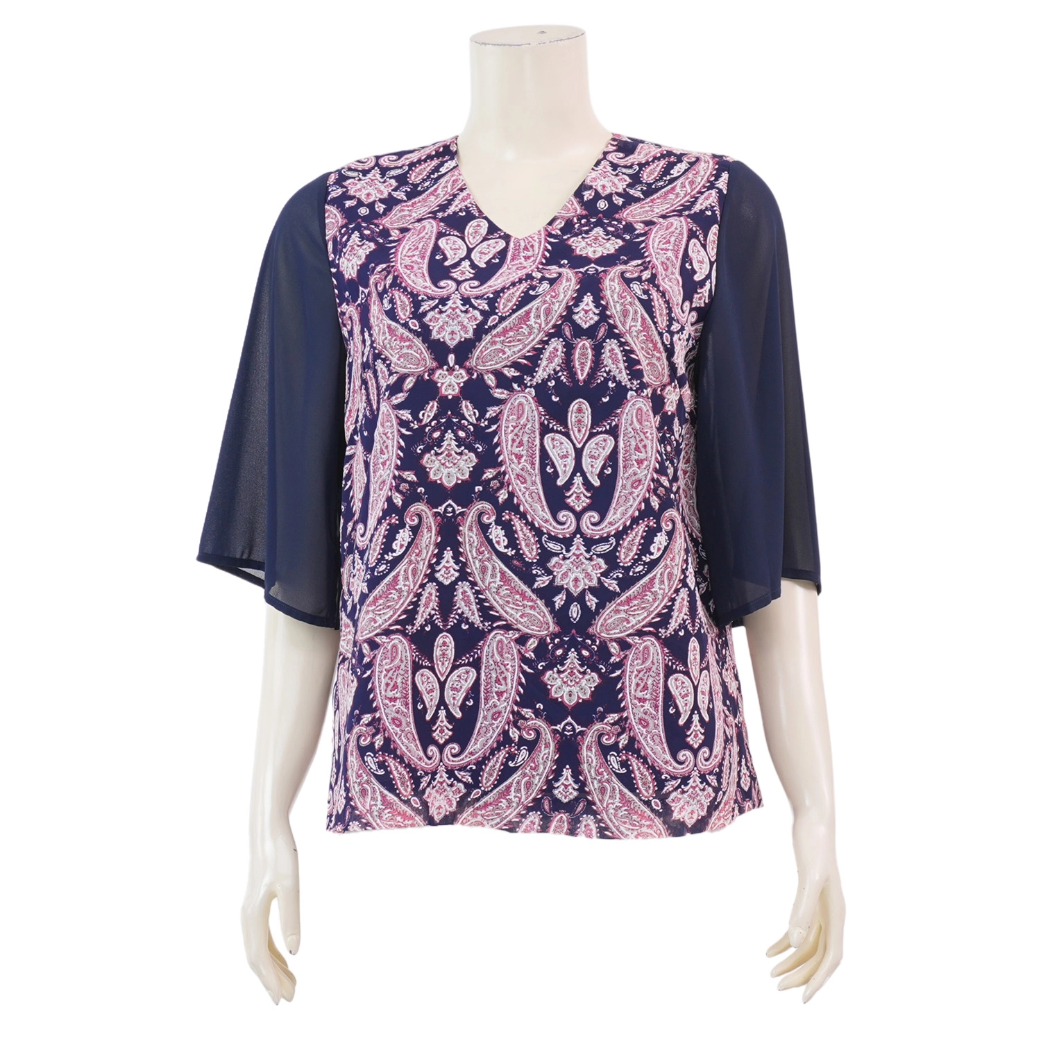 เรอ๊อง เสื้อเบลาส์คอวี แขนทรงระบาย ยาว 3 ส่วน ผ้าชีฟองฟ๊อค ลายเพสลีย์