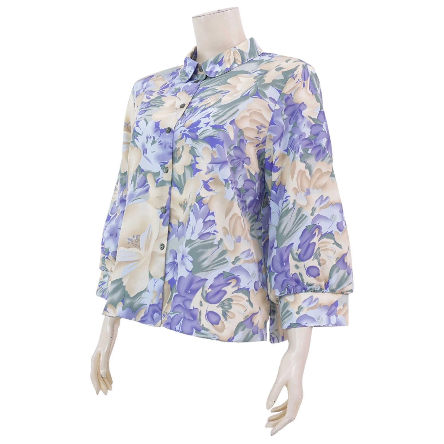 มินนะ เสื้อคอปก แขนพองยาว 5 ส่วน ผ้าแมตต์ซาติน ลายภาพวาดดอกไม้ศิลปะ - Image 2