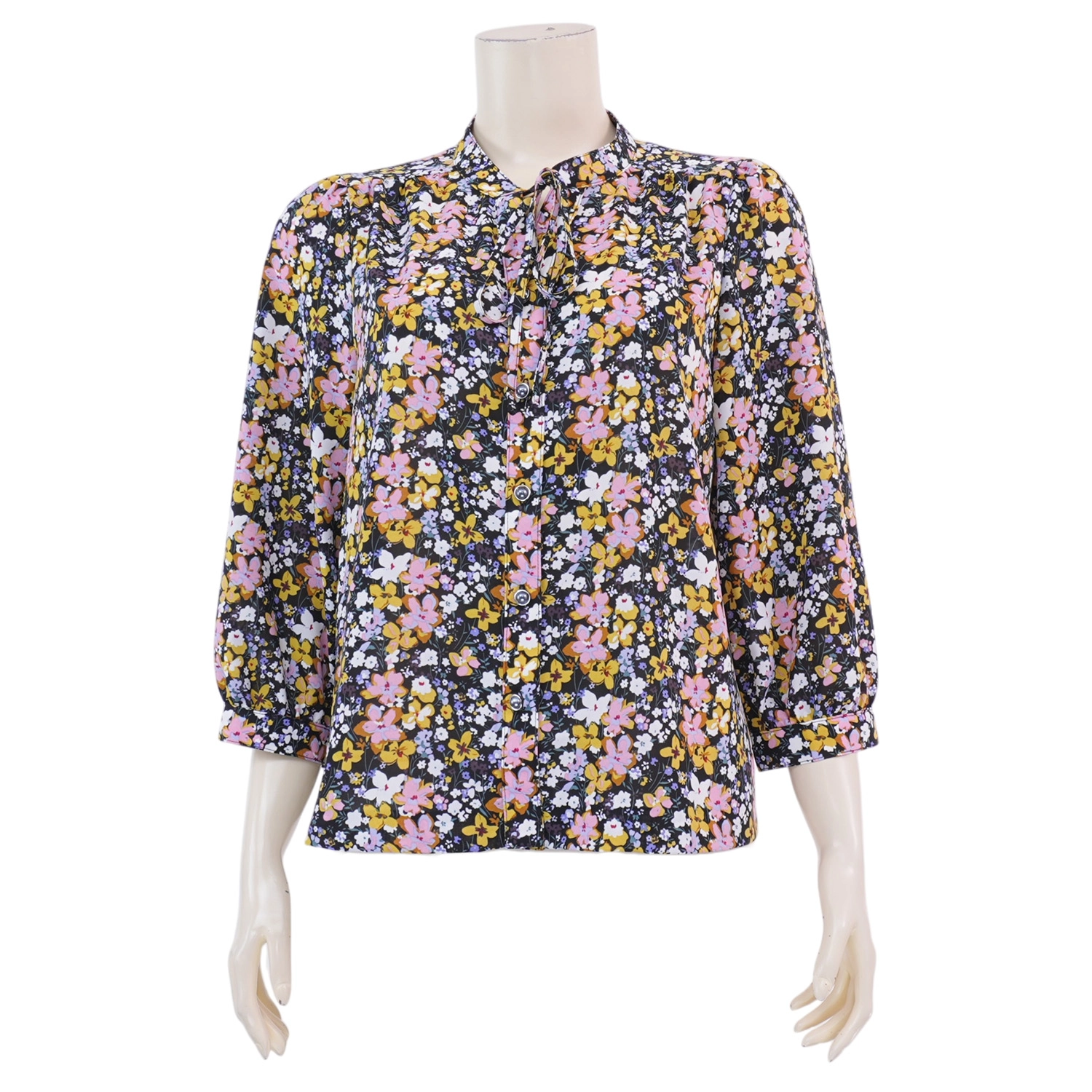 มินนะ เสื้อเบลาส์คอจีน แขนพองยาว 5 ส่วน ผ้าแมตต์ซาติน พิมพ์ลายดอกไม้