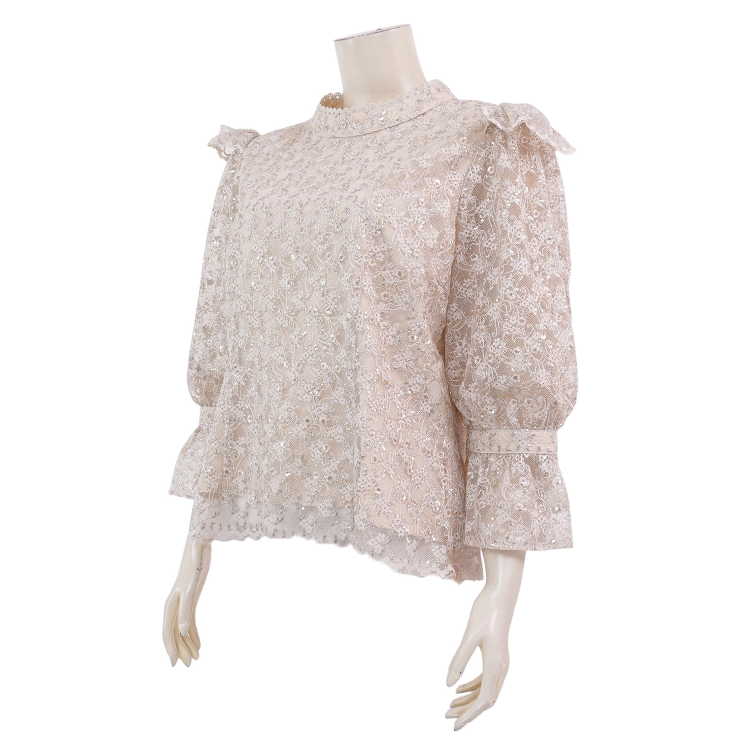 มินนะ เสื้อเบลาส์คอตั้ง แขนพองยาว 4 ส่วน ผ้าลูกไม้ปักเลื่อม ลายแฟนซี - Image 2