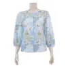 มินนะ เสื้อคอกลม แขนพองยาว 5 ส่วน แต่งระบาย ลายดอกไม้ ผสมลายแฟนซี