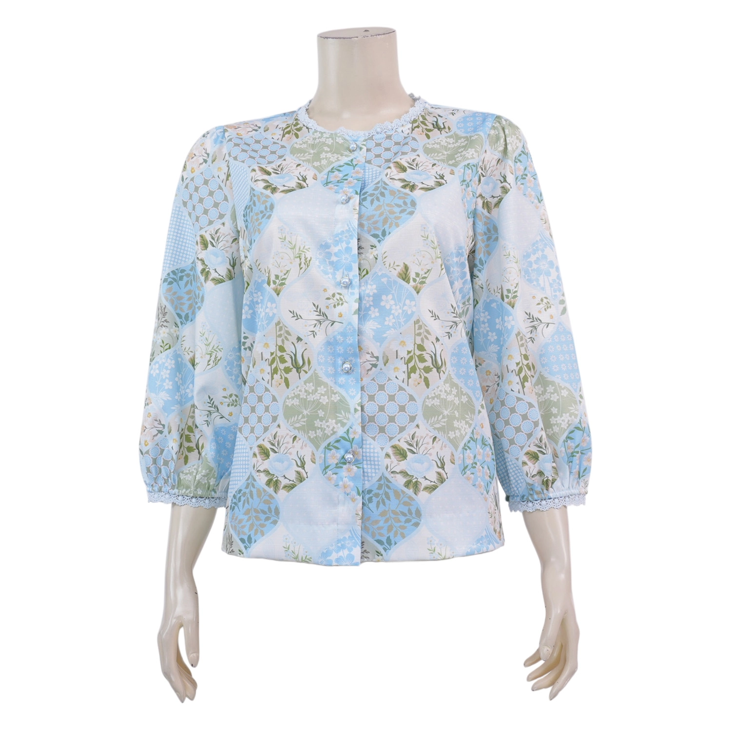มินนะ เสื้อคอกลม แขนพองยาว 5 ส่วน แต่งระบาย ลายดอกไม้ ผสมลายแฟนซี
