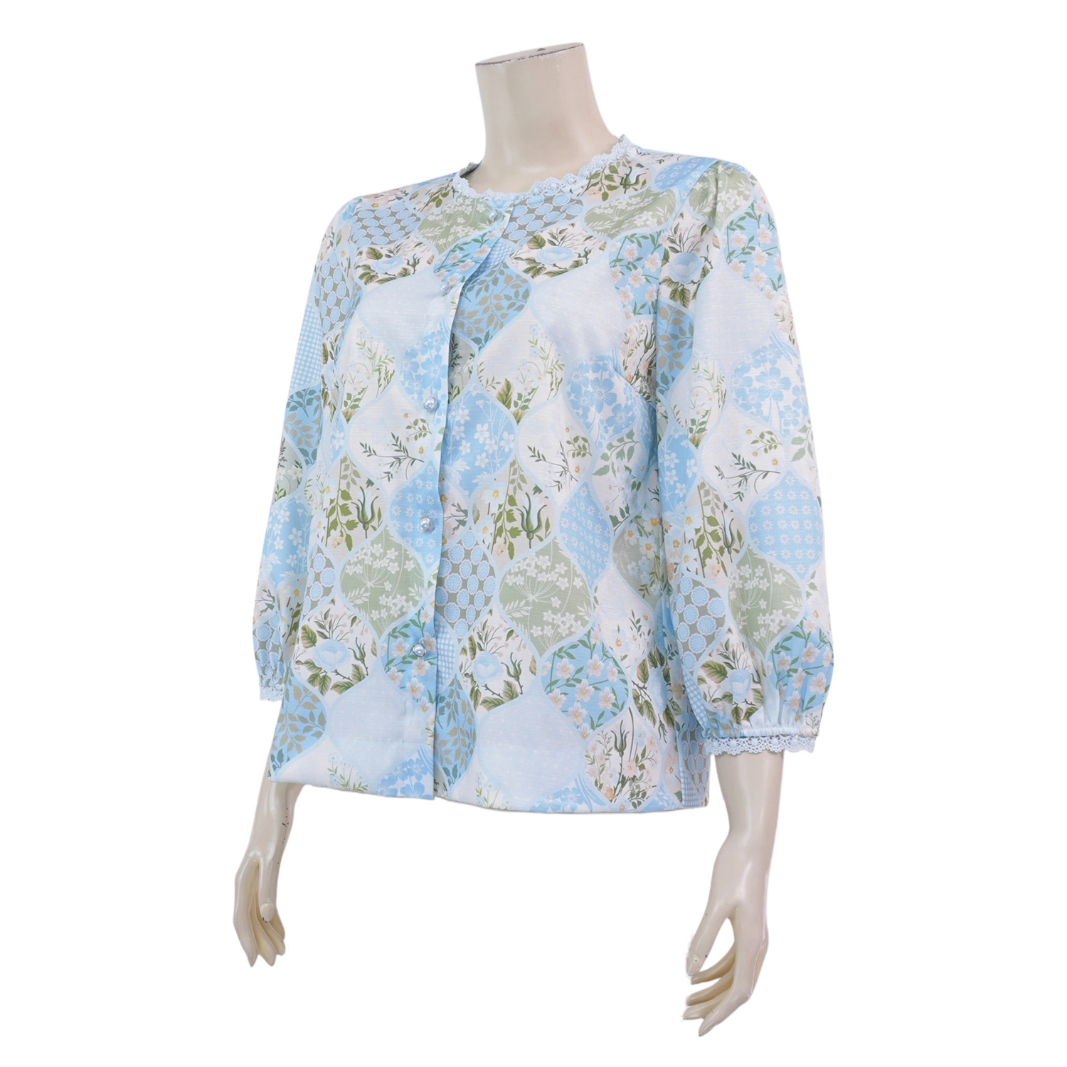 มินนะ เสื้อคอกลม แขนพองยาว 5 ส่วน แต่งระบาย ลายดอกไม้ ผสมลายแฟนซี - Image 2