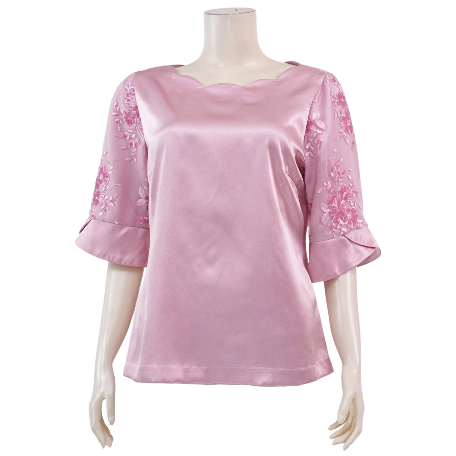 อาลิย่า เสื้อเบลาส์คอปาด แขนกระบอกยาว 3 ส่วน ผ้าซาติน - Image 2