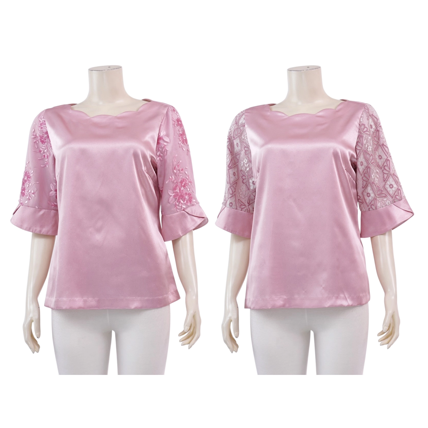 อาลิย่า เสื้อเบลาส์คอปาด แขนกระบอกยาว 3 ส่วน ผ้าซาติน