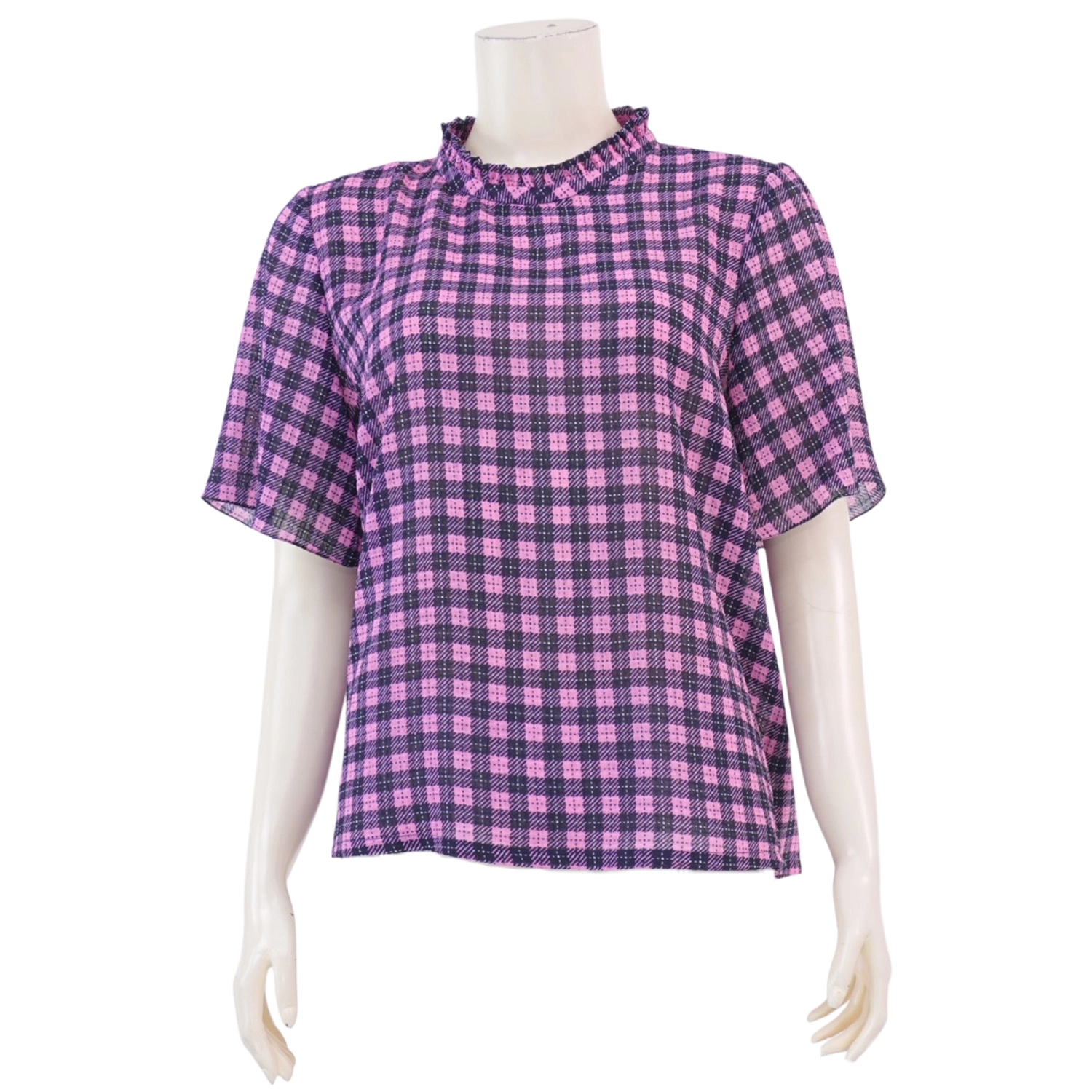 อาลิย่า เสื้อเบลาส์คอตั้ง แต่งระบาย แขนสั้นทรงกระบอก ผ้าชีฟองอังโกร่า