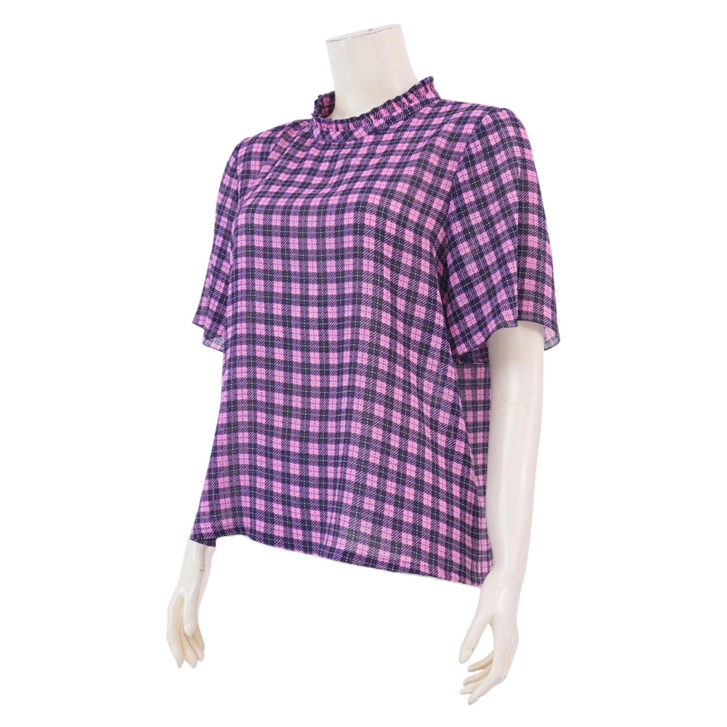 อาลิย่า เสื้อเบลาส์คอตั้ง แต่งระบาย แขนสั้นทรงกระบอก ผ้าชีฟองอังโกร่า - Image 2