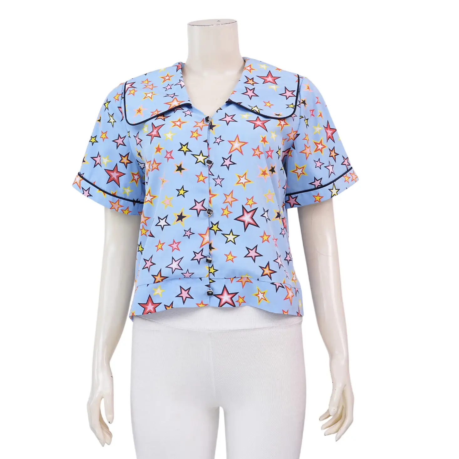 อะมิร่า เสื้อคอวีแต่งปก แขนสั้นทรงกระบอก ผ้าพีชสกิน