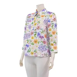 มินนะ เสื้อคอปก แขนกระบอกยาว 5 ส่วน ผ้าทอเมทัลลิกชายน์ พิมพ์ลายดอกไม้ - Image 2