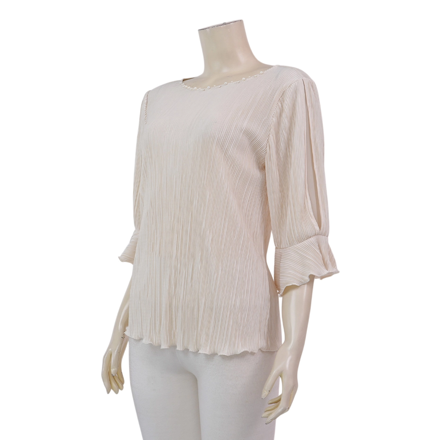 มิกิโกะ เสื้อเบลาส์คอปาด แขนกระบอกยาว 3 ส่วน แต่งระบาย ผ้าพลีทแฟนซี - Image 2
