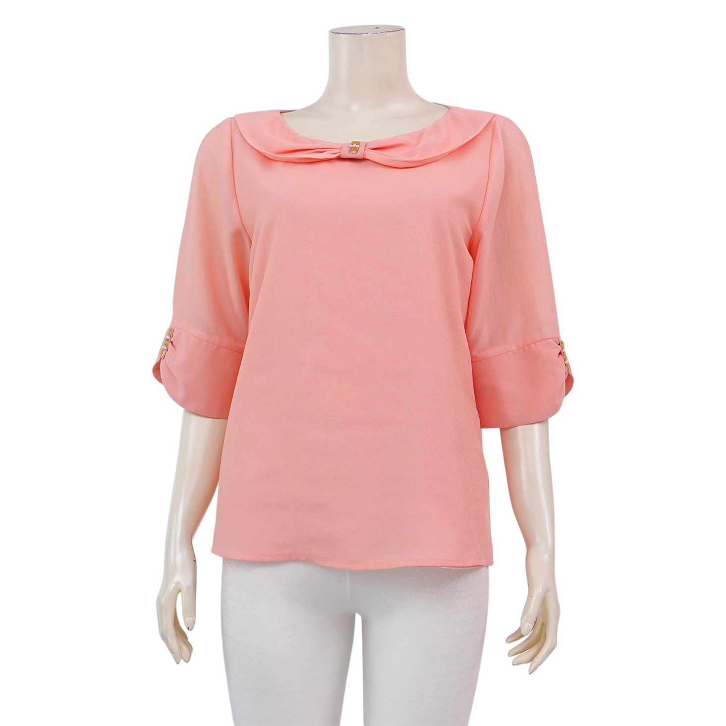 มิกิโกะ เสื้อเบลาส์คอปาด แขนกระบอกยาว 3 ส่วน ผ้าชีฟองเมทัลลิก สีโอลด์โรส