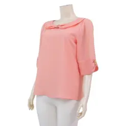 มิกิโกะ เสื้อเบลาส์คอปาด แขนกระบอกยาว 3 ส่วน ผ้าชีฟองเมทัลลิก สีโอลด์โรส - Image 2
