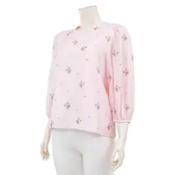 ไอ ไอ เอ็ม เค เสื้อเบลาส์คอกลม แขนพองยาว 5 ส่วน ผ้าทอเนื้อซิลกี้ปักลาย - Image 2