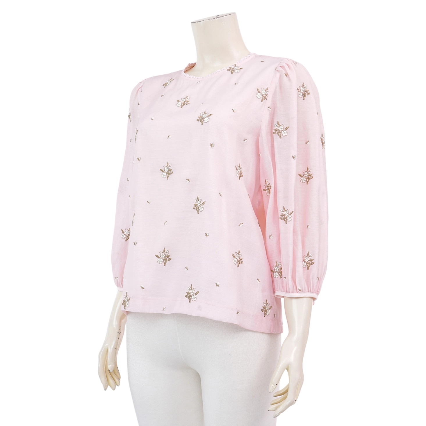 ไอ ไอ เอ็ม เค เสื้อเบลาส์คอกลม แขนพองยาว 5 ส่วน ผ้าทอเนื้อซิลกี้ปักลาย - Image 2