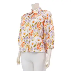 มินนะ เสื้อคอปกทรงพ้อยต์ แขนพองยาว 4 ส่วน ผ้าสลับเนื้อ SLUB พิมพ์ลายดอกไม้เรโทร - Image 3