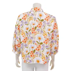 มินนะ เสื้อคอปกทรงพ้อยต์ แขนพองยาว 4 ส่วน ผ้าสลับเนื้อ SLUB พิมพ์ลายดอกไม้เรโทร - Image 2