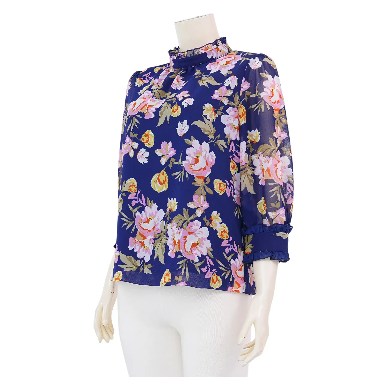 มินนะ เสื้อเบลาส์คอตั้งแต่งระบาย แขนพองยาว 4 ส่วน ผ้าชีฟองพิมพ์ลายดอกไม้ - Image 3