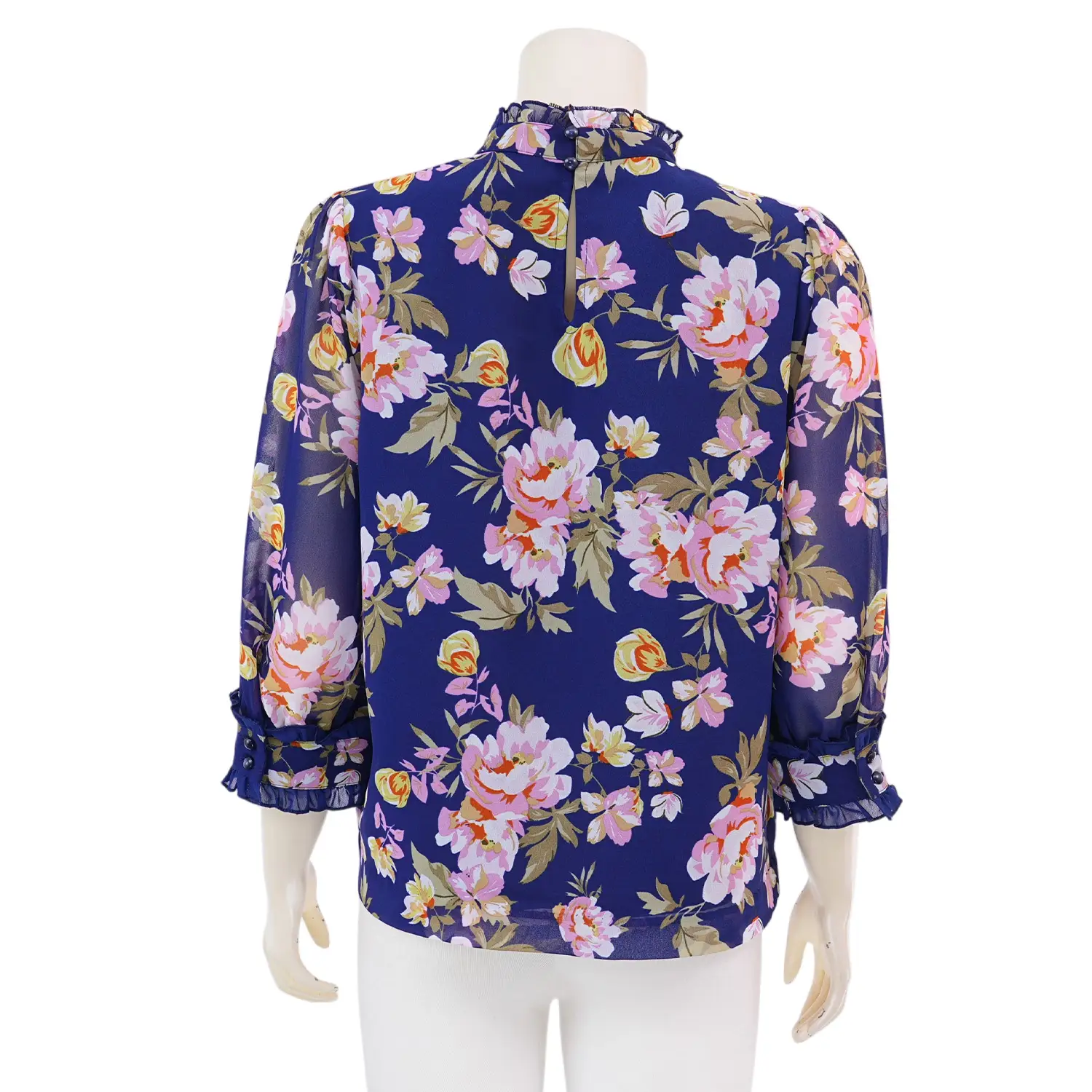 มินนะ เสื้อเบลาส์คอตั้งแต่งระบาย แขนพองยาว 4 ส่วน ผ้าชีฟองพิมพ์ลายดอกไม้ - Image 2