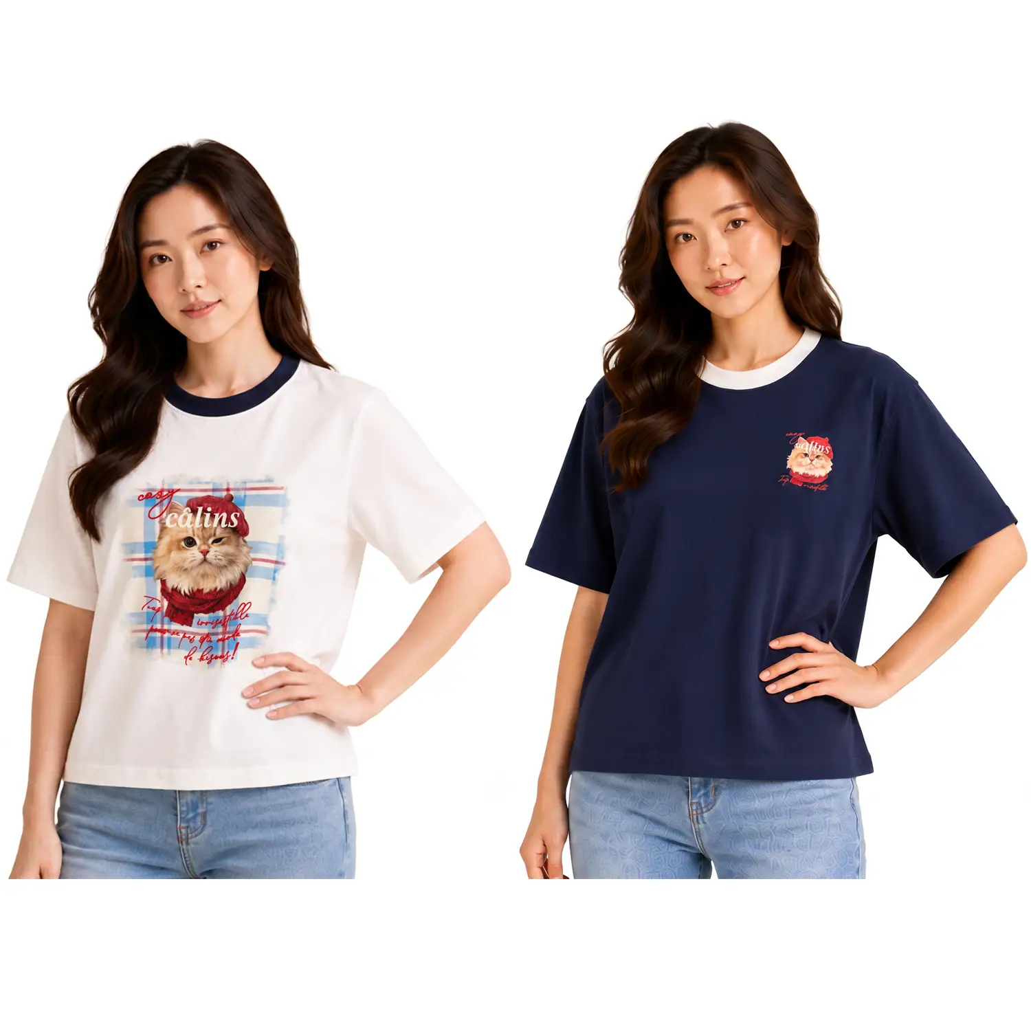 มินนะ เซตเสื้อยืดคอกลม แขนสั้น 2 ตัว พิมพ์กราฟิกแมวขนฟู